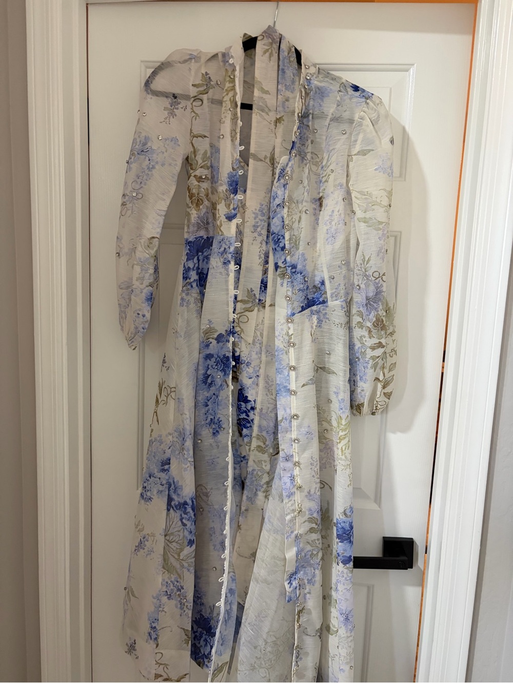 Blue & White Floral Maxi Dress with Tie Waist - Picture 3 of 5